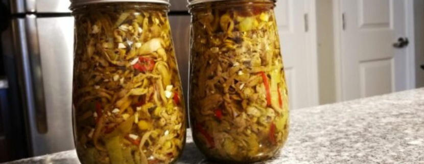 Due barattoli di vetro chiusi ermeticamente, riempiti con melanzane sott’olio alla napoletana, con verdure e spezie visibili all’interno, appoggiati su un piano di cucina.