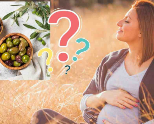 Donna incinta seduta in un campo dorato che accarezza il pancione, affiancata da un riquadro con ciotole di olive verdi e nere e diversi punti interrogativi colorati.