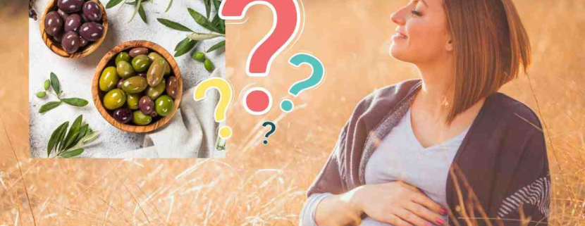 Donna incinta seduta in un campo dorato che accarezza il pancione, affiancata da un riquadro con ciotole di olive verdi e nere e diversi punti interrogativi colorati.