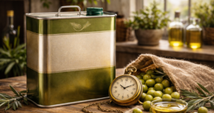 Lattina in metallo per la conservazione dell’olio extravergine di oliva, con olive verdi, ramoscelli d’ulivo, una ciotola di olio e un orologio antico su tavolo in legno.