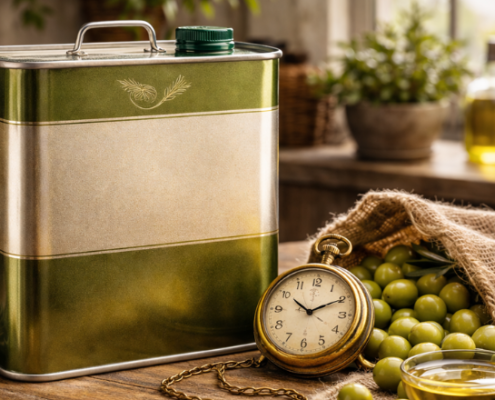 Lattina in metallo per la conservazione dell’olio extravergine di oliva, con olive verdi, ramoscelli d’ulivo, una ciotola di olio e un orologio antico su tavolo in legno.