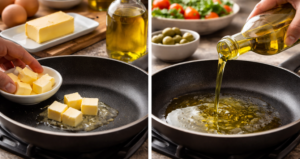 Sostituire il Burro con Olio: Guida Completa, Tabella Conversione e Consigli per Ricette Autentiche Confronto in cucina tra burro e olio: a sinistra cubetti di burro che si sciolgono in padella, a destra olio extravergine di oliva versato per la cottura.