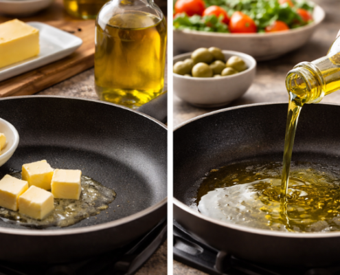 Confronto in cucina tra burro e olio: a sinistra cubetti di burro che si sciolgono in padella, a destra olio extravergine di oliva versato per la cottura.