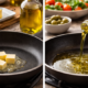 Confronto in cucina tra burro e olio: a sinistra cubetti di burro che si sciolgono in padella, a destra olio extravergine di oliva versato per la cottura.