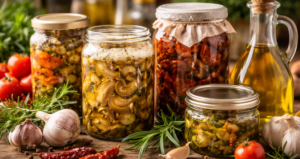 Barattoli di conserve sott’olio con verdure, funghi e pomodori secchi su un tavolo rustico, accanto a una bottiglia di olio extravergine di oliva, in formato orizzontale senza testo.