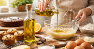Persona che versa olio extravergine di oliva in una ciotola con impasto per dolci su un tavolo da cucina con ingredienti da pasticceria come uova, farina, muffin e torta.