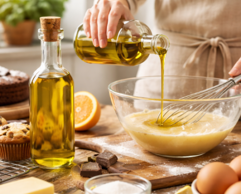 Persona che versa olio extravergine di oliva in una ciotola con impasto per dolci su un tavolo da cucina con ingredienti da pasticceria come uova, farina, muffin e torta.
