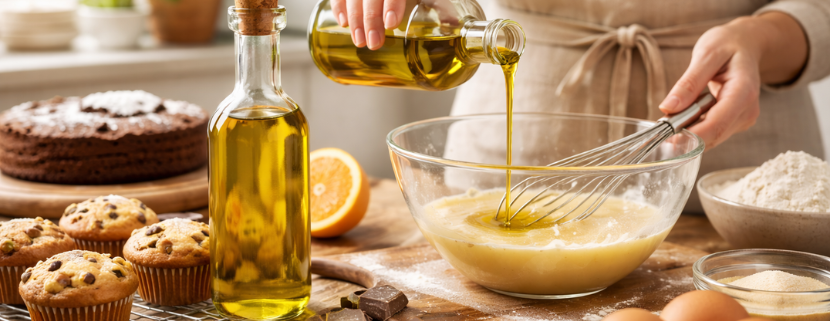 Persona che versa olio extravergine di oliva in una ciotola con impasto per dolci su un tavolo da cucina con ingredienti da pasticceria come uova, farina, muffin e torta.