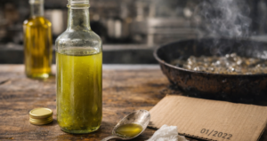 Bottiglia di olio d'oliva aperta su un tavolo in legno accanto a un cucchiaio con olio e a un cartoncino con data di scadenza, mentre sullo sfondo una padella con olio caldo produce fumo in cucina.
