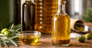 Bottiglia di olio extravergine di oliva con deposito naturale sul fondo, affiancata da ciotola di olio, olive fresche e rami su tavolo rustico