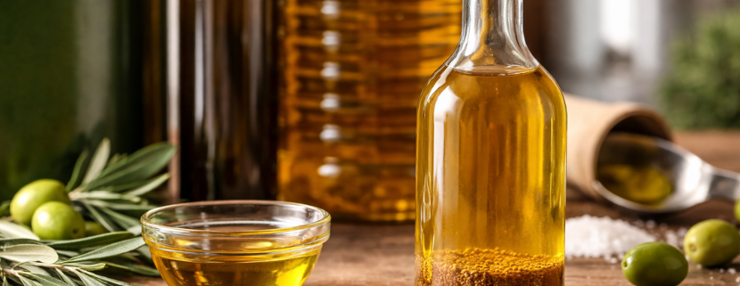 Bottiglia di olio extravergine di oliva con deposito naturale sul fondo, affiancata da ciotola di olio, olive fresche e rami su tavolo rustico